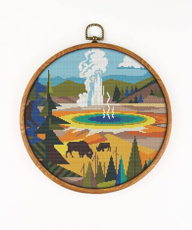 Awesome Pattern Studio Yellowstone National Park K466 Counted Cross Stitch KIT. Threads, Needles, 2 Fabrics, Threader, Clippers and 4 Printed Color Patterns. Embroidery Pattern Kit - Image 1
